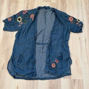 Embroidered Denim Kimono Cardigan